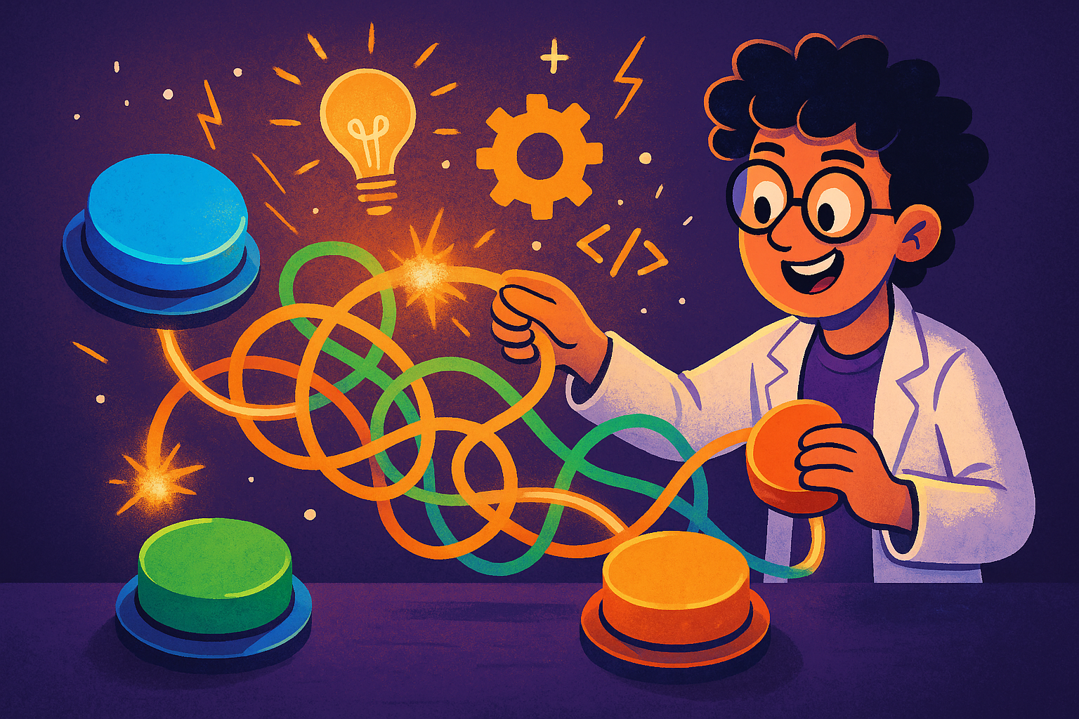 Playful illustration of a maker wiring colorful buttons to glowing cables